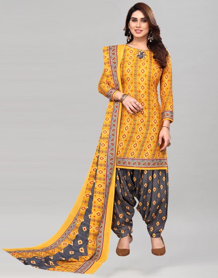 Yellow Printed Cotton Unstitched Salwar Suit Material