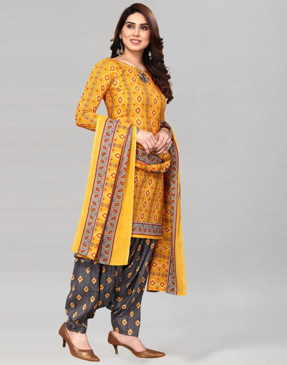 Yellow Printed Cotton Unstitched Salwar Suit Material