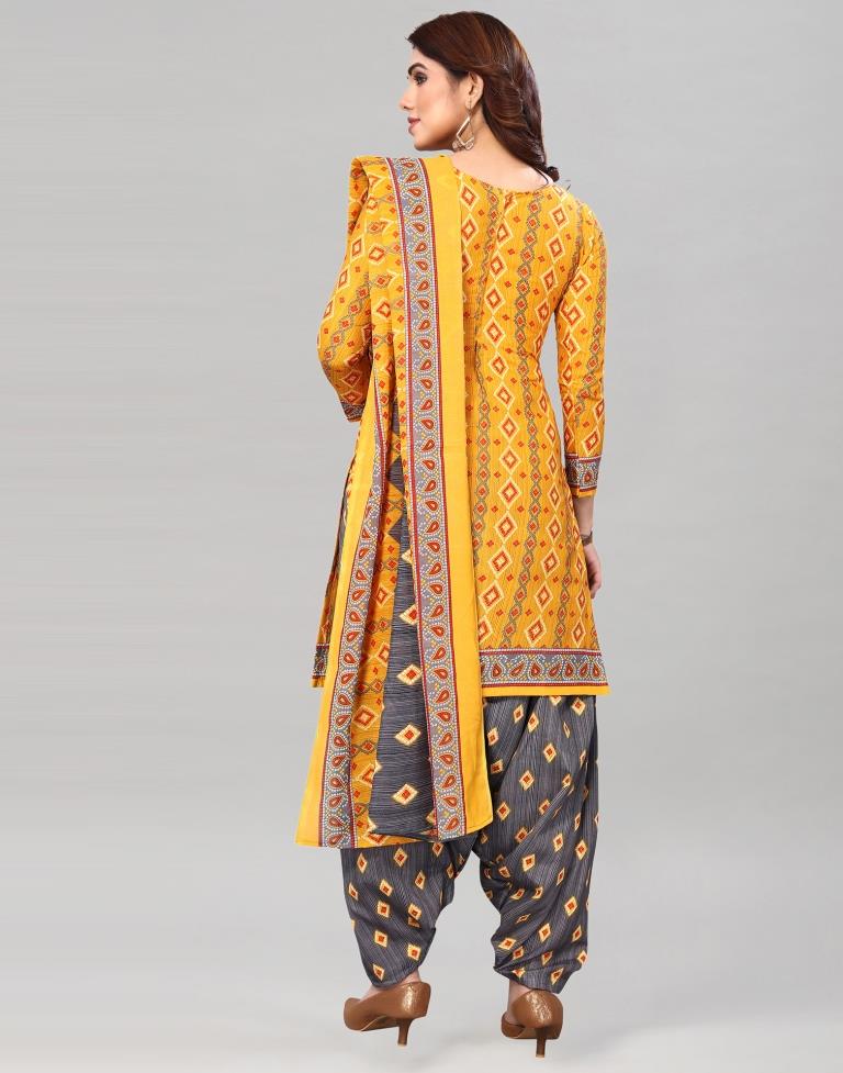 Yellow Printed Cotton Unstitched Salwar Suit Material