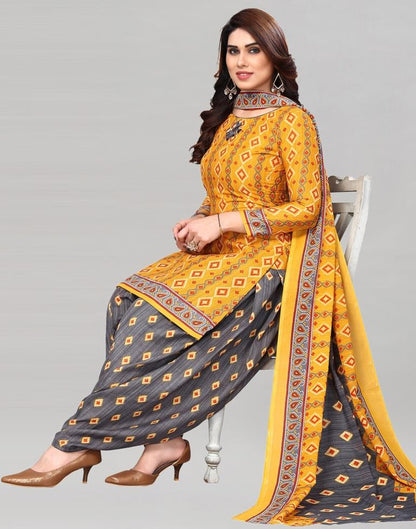 Yellow Printed Cotton Unstitched Salwar Suit Material