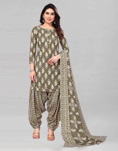 Light Stone Grey Printed Cotton Unstitched Salwar Suit Material