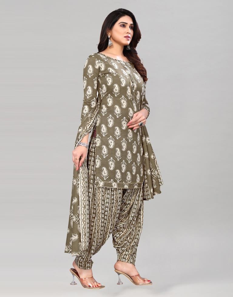 Light Stone Grey Printed Cotton Unstitched Salwar Suit Material