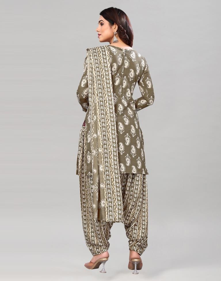 Light Stone Grey Printed Cotton Unstitched Salwar Suit Material