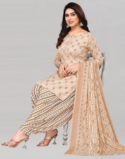 Light Beige Printed Cotton Unstitched Salwar Suit Material