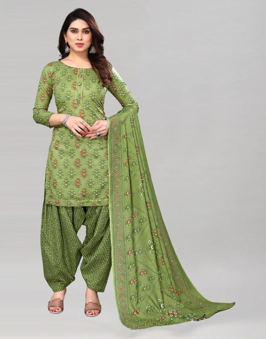 Green Printed Cotton Unstitched Salwar Suit Material