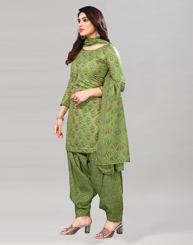 Green Printed Cotton Unstitched Salwar Suit Material