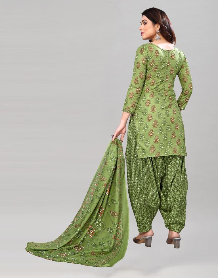 Green Printed Cotton Unstitched Salwar Suit Material