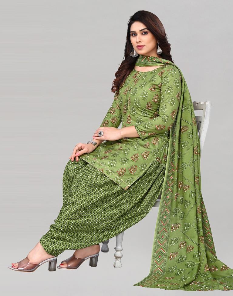 Green Printed Cotton Unstitched Salwar Suit Material