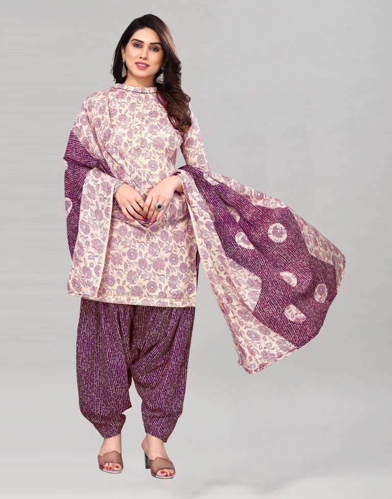 Off White Printed Cotton Unstitched Salwar Suit Material