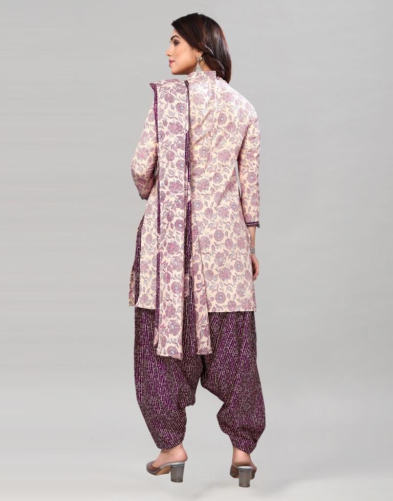 Off White Printed Cotton Unstitched Salwar Suit Material