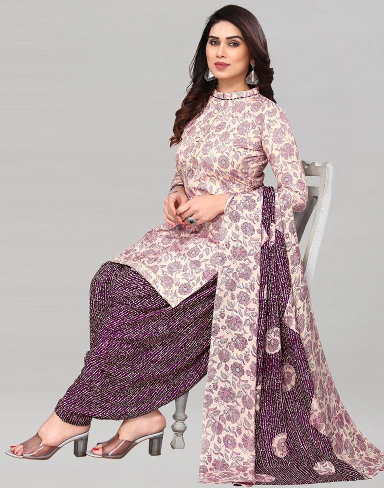 Off White Printed Cotton Unstitched Salwar Suit Material
