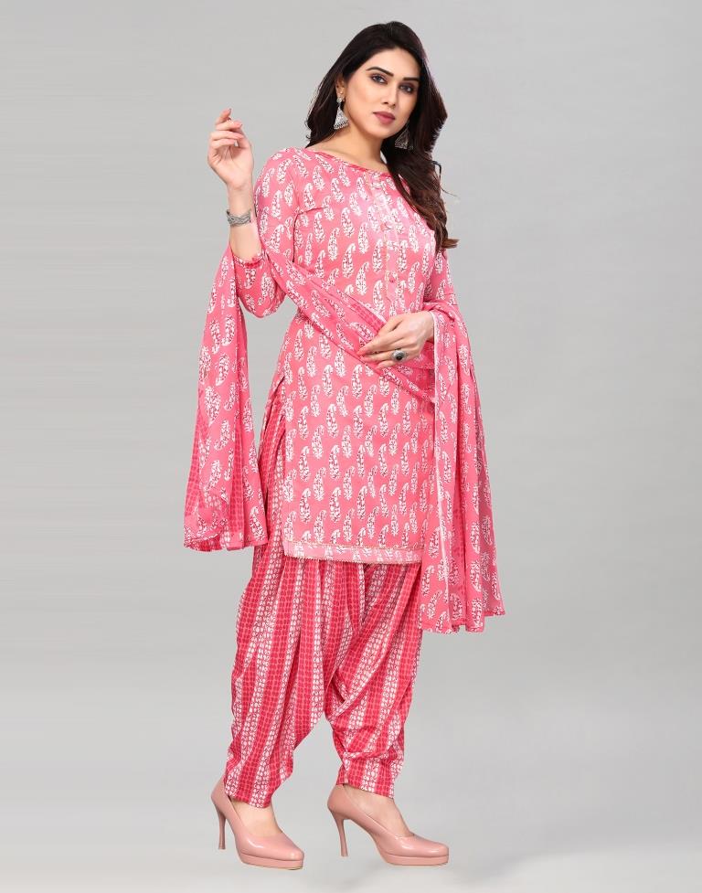 Pink Printed Cotton Unstitched Salwar Suit Material