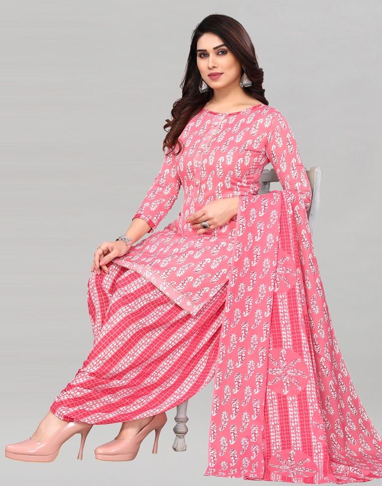 Pink Printed Cotton Unstitched Salwar Suit Material