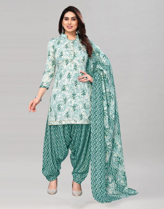 Aqua Green Printed Cotton Unstitched Salwar Suit Material