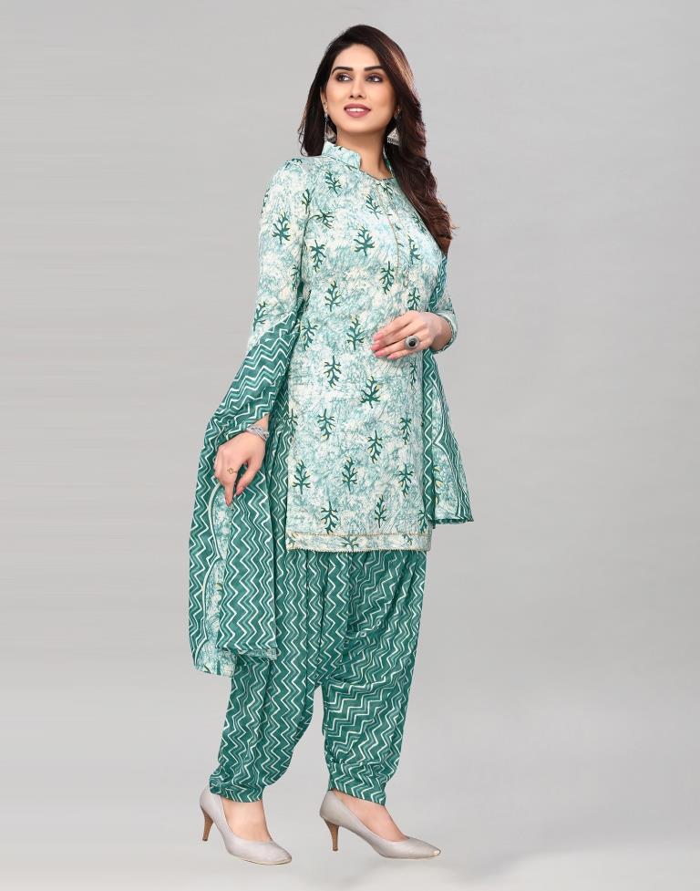 Aqua Green Printed Cotton Unstitched Salwar Suit Material