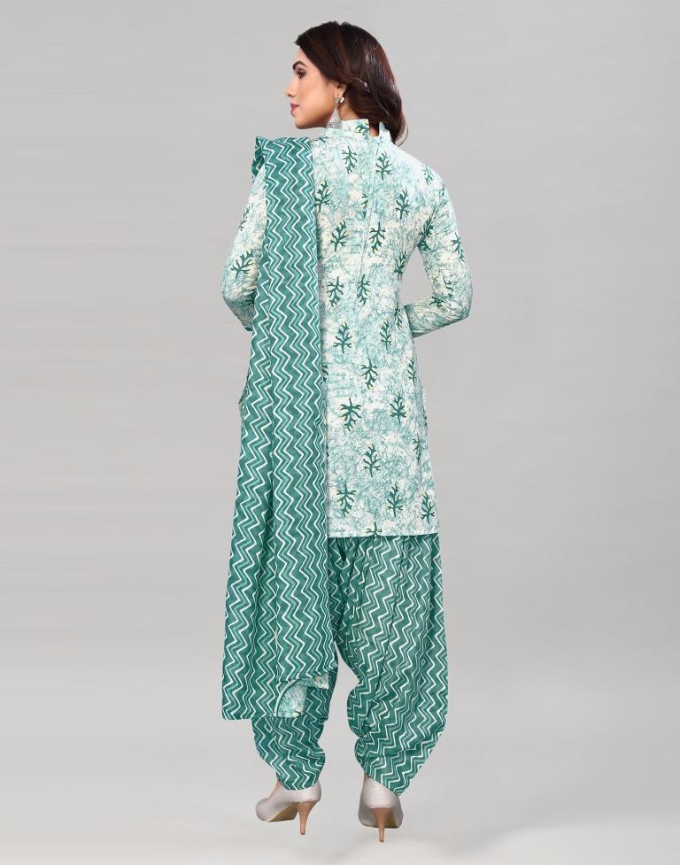 Aqua Green Printed Cotton Unstitched Salwar Suit Material