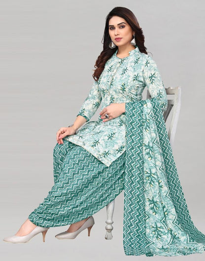 Aqua Green Printed Cotton Unstitched Salwar Suit Material