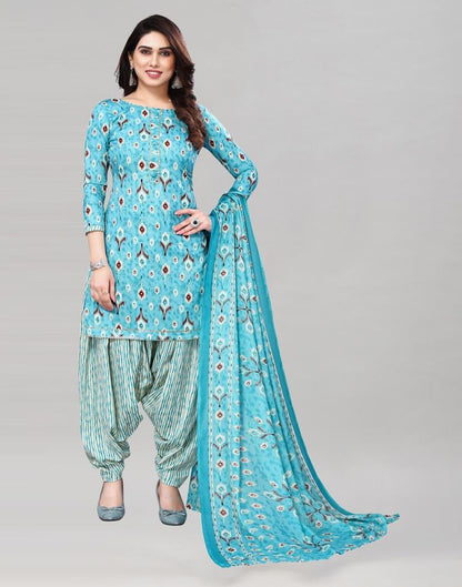 Light Blue Printed Cotton Unstitched Salwar Suit Material