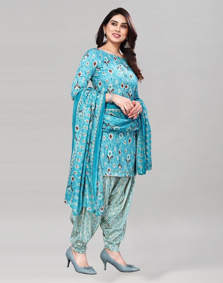 Light Blue Printed Cotton Unstitched Salwar Suit Material