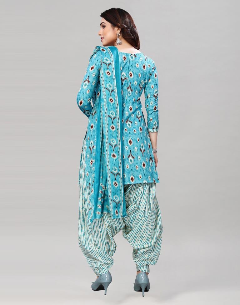 Light Blue Printed Cotton Unstitched Salwar Suit Material