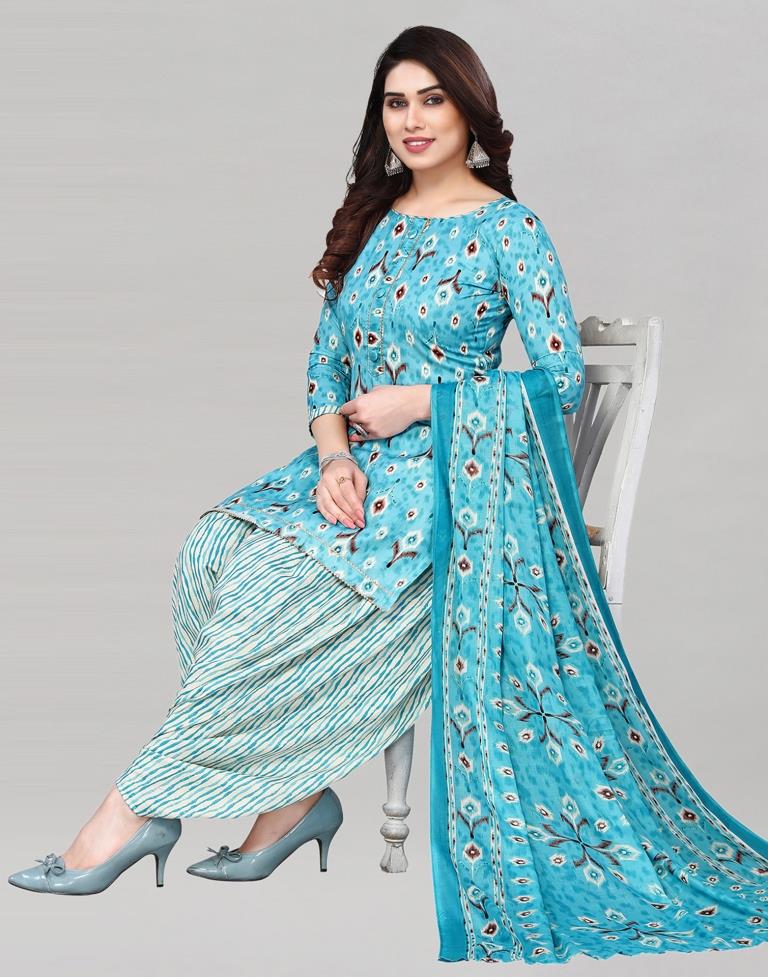 Light Blue Printed Cotton Unstitched Salwar Suit Material