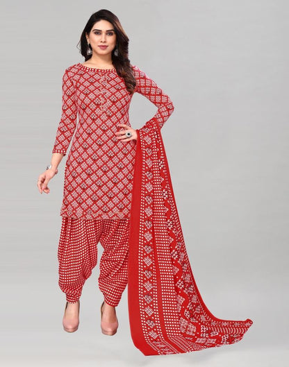 Red Printed Cotton Unstitched Salwar Suit Material