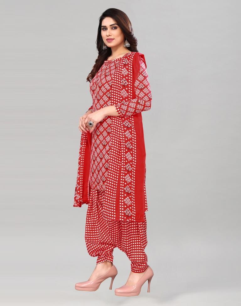 Red Printed Cotton Unstitched Salwar Suit Material