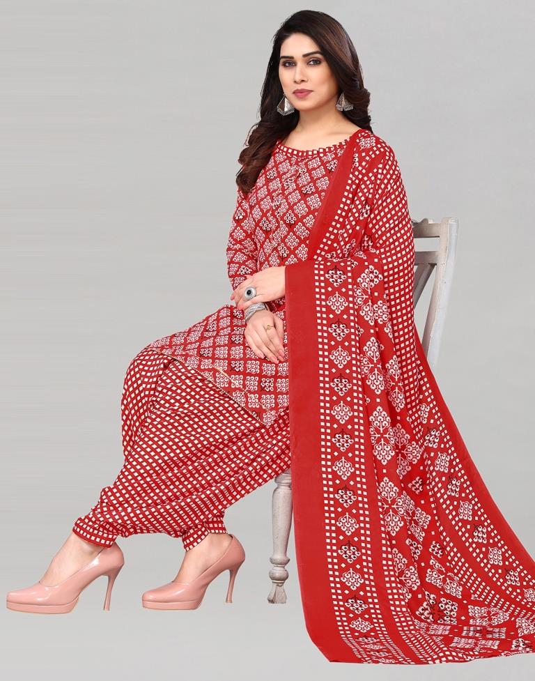 Red Printed Cotton Unstitched Salwar Suit Material