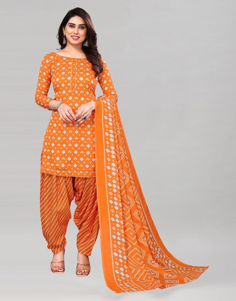 Orange Printed Cotton Unstitched Salwar Suit Material
