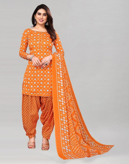 Orange Printed Cotton Unstitched Salwar Suit Material