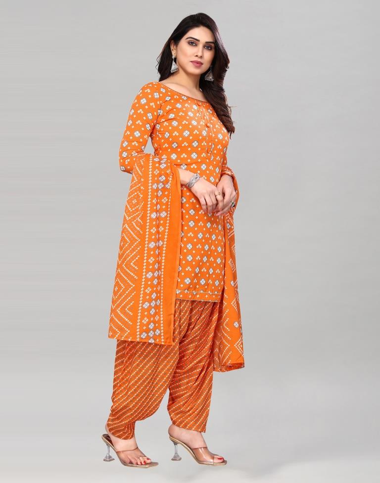 Orange Printed Cotton Unstitched Salwar Suit Material