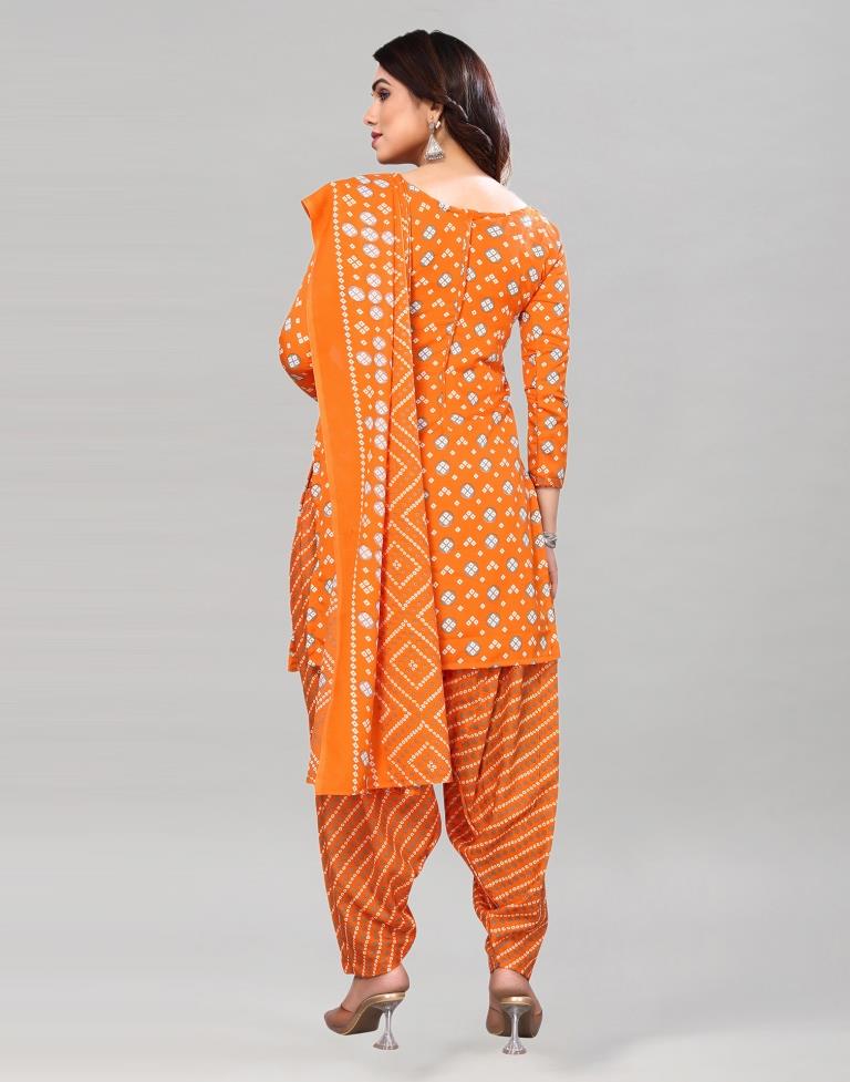 Orange Printed Cotton Unstitched Salwar Suit Material