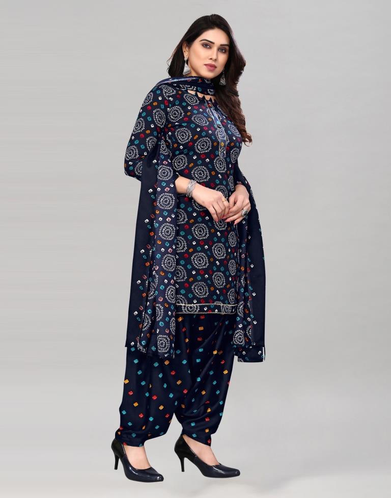 Dark Blue Printed Cotton Unstitched Salwar Suit Material