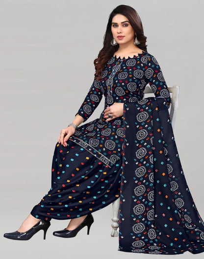 Dark Blue Printed Cotton Unstitched Salwar Suit Material