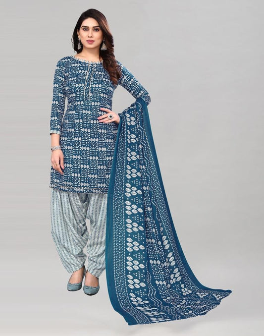 Blue Printed Cotton Unstitched Salwar Suit Material