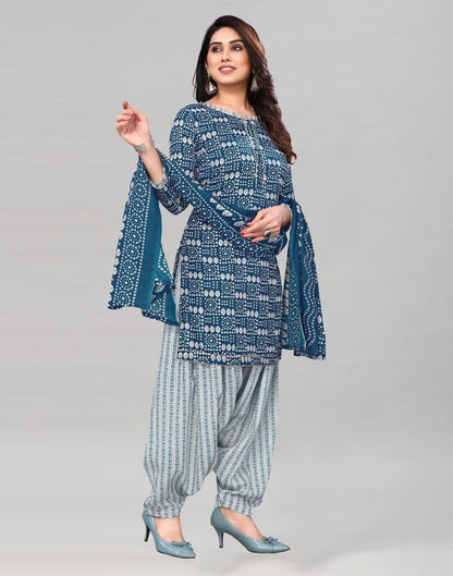 Blue Printed Cotton Unstitched Salwar Suit Material