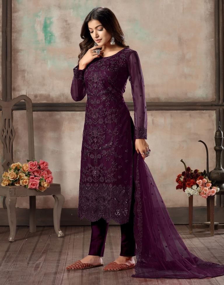 Wine Plain Net Unstitched Salwar Suit Material