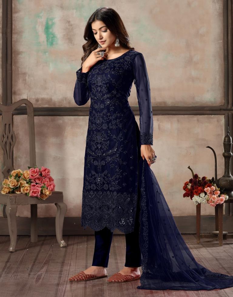 Navy Blue Plain Net Unstitched Salwar Suit Material