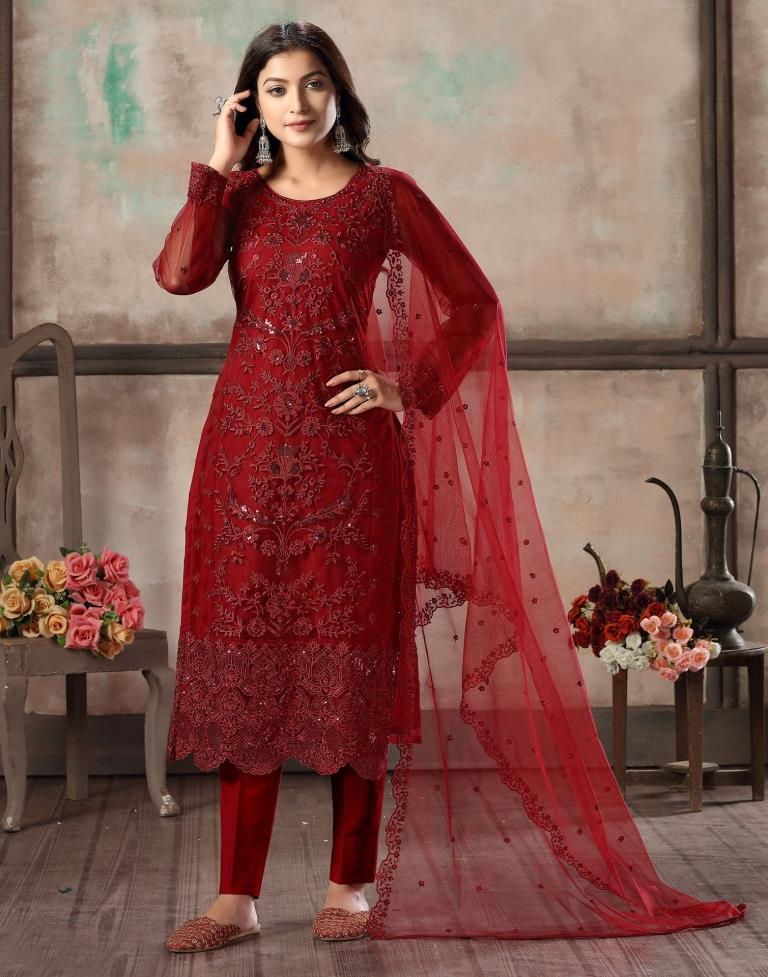 Maroon Plain Net Unstitched Salwar Suit Material