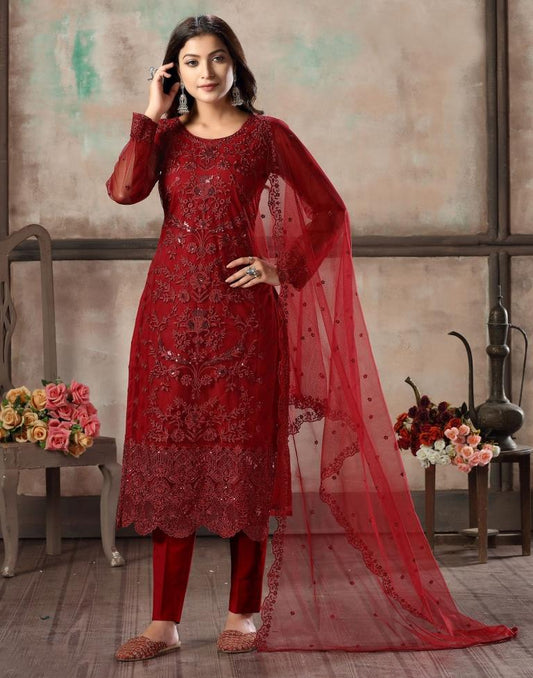 Maroon Plain Net Unstitched Salwar Suit Material