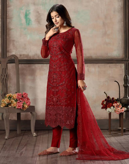 Maroon Plain Net Unstitched Salwar Suit Material