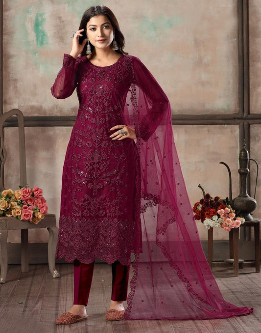 Magenta Plain Net Unstitched Salwar Suit Material