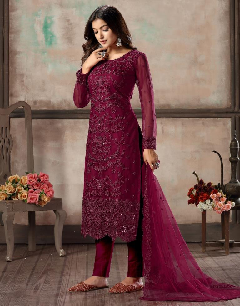 Magenta Plain Net Unstitched Salwar Suit Material