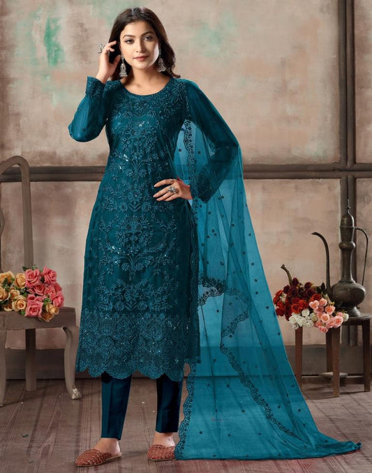 Blue Plain Net Unstitched Salwar Suit Material