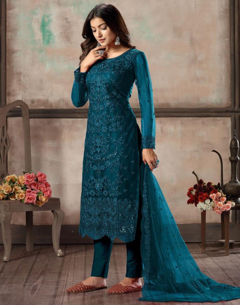 Blue Plain Net Unstitched Salwar Suit Material