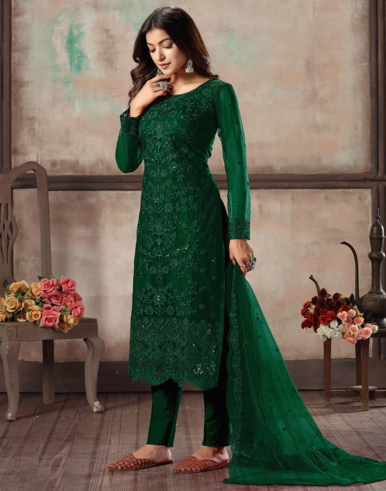 Green Plain Net Unstitched Salwar Suit Material