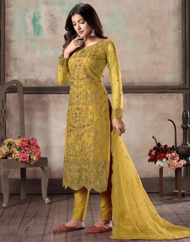 Yellow Plain Net Unstitched Salwar Suit Material