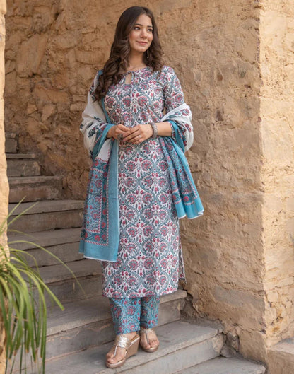 White Printed Rayon Straight Kurta With Pant And Dupatta