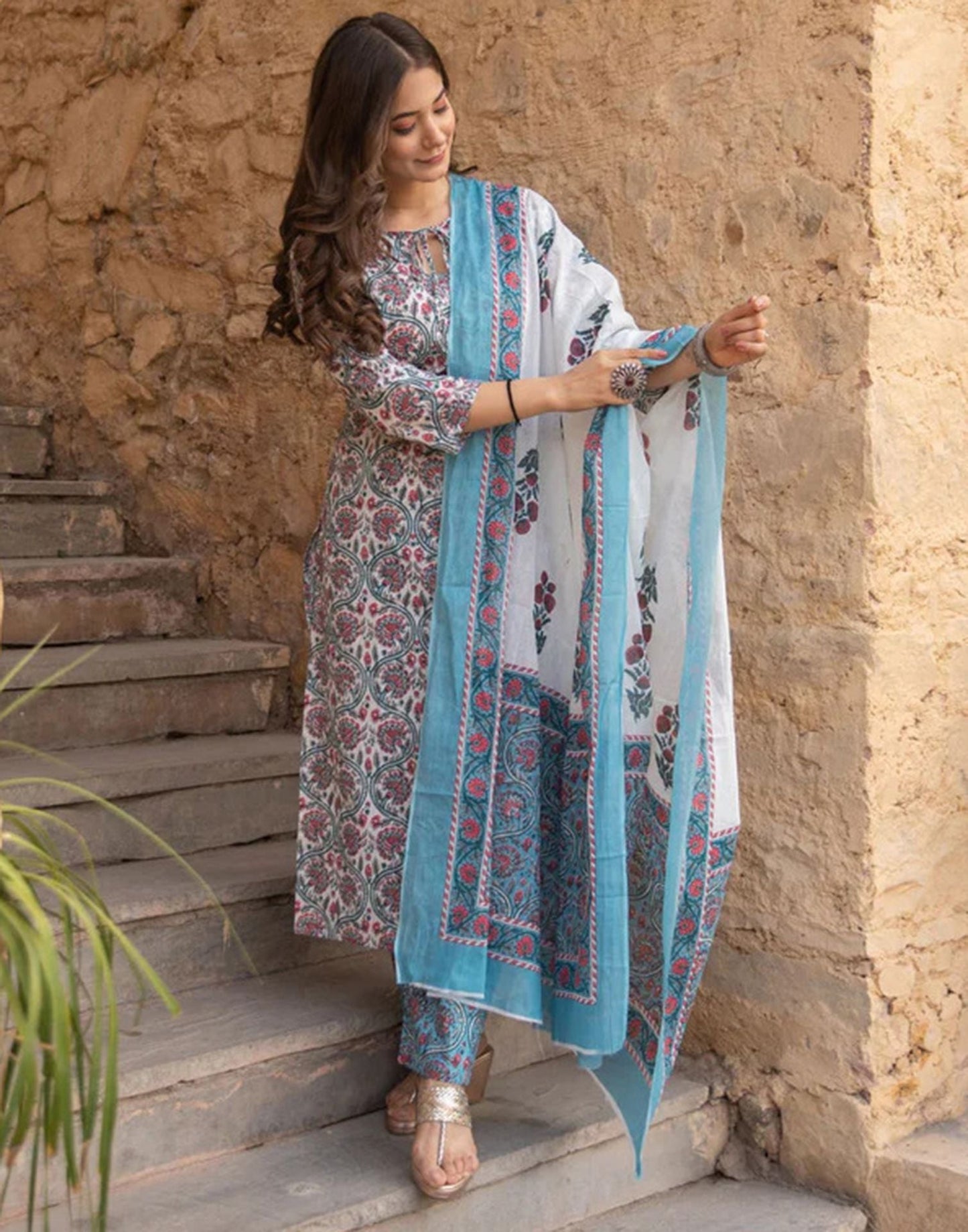 White Printed Rayon Straight Kurta With Pant And Dupatta