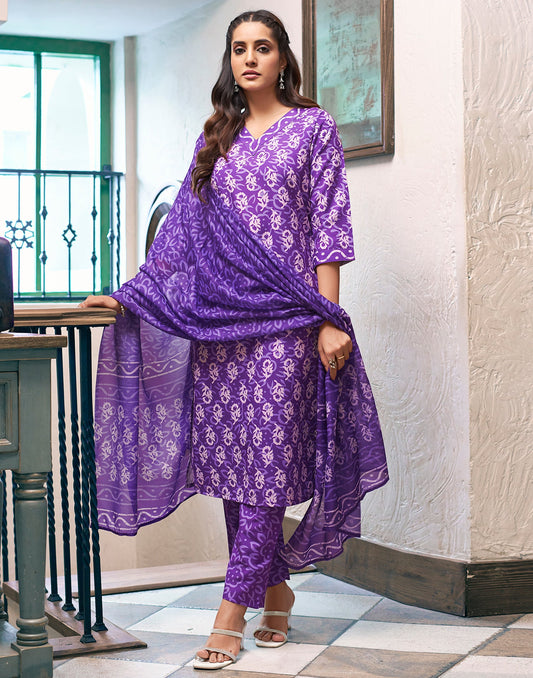 Purple Printed Rayon Straight Kurta Set With Dupatta